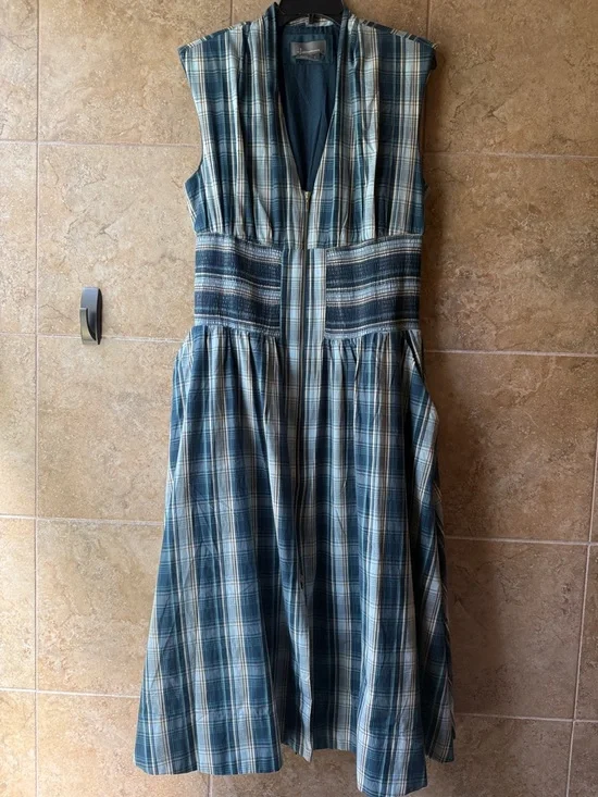 The Tommie Midi Dress Cap-sleeve Blue Plaid Zip-Front Pockets Anthropologie L - Picture 7 of 16